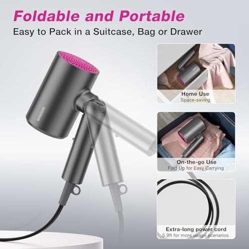 BABONIR Hair Dryer with Diffuser for Women, 1875W Fast Drying Ionic Blow Dryer for Home Use, Lightweight Foldable Hairdryer with Concentrator Nozzle, 3 Heat 2 Speed Settings, Gray - Thumbnail 5