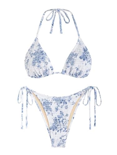seamoly Women's Halter Bikini Sets Padded Sexy Open Back 2 Piece Bathing Suit Side High Cut Thong Swimsuit Blue Floral L - Image 1