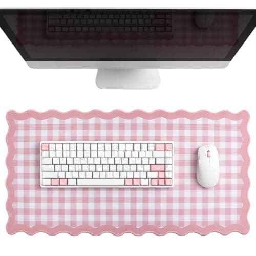 yuboo 31"×15.7" Scalloped Pink White Gingham Washable Pastel Desk Mat Kawaii Cottagecore Aesthetic Grid Desk Pad Plaid Desktop Keyboard Cute Mouse Mat Office Cubicle Decor Gaming Mouse Pad