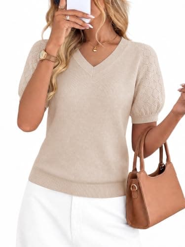 LaGracia Puff Short Sleeve Sweater for Women Summer Puff Sleeve Sweater Tops Spring V Neck Cauasl Dressy Shirts Cute 2026 Beige XL - Image 1