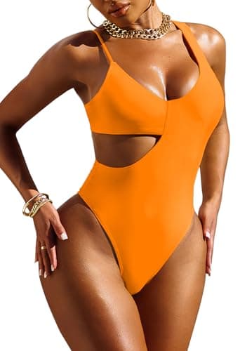 Pink Queen Monokini Swimsuits for Women Cutout High Leg Tummy Control One Piece Bathing Suit Swimwear Orange L - Image 1