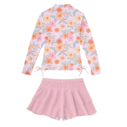 Size 8-10 Girls Pink Flower Hawaiian Bathing Suits for Kids 3D Floral Print Long Sleeve Swimsuits with Zipper 9 Year Little Child Ruffle Skirts with Shorts Blue Bottoms Quick Dry Swimming Set - Thumbnail 2