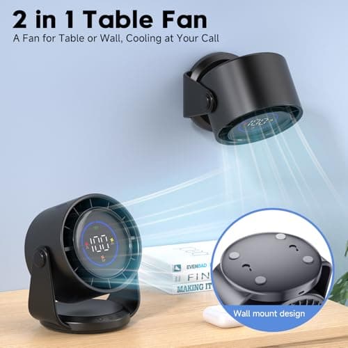 YOSHENMO Desk Fan, Turbo Table Fan for Bedroom, 100-Speed Digital Display, Low Noise, 105° Adjustable Tilt, 7.5-inch, Rechargeable Battery, Wall-Mouted Design for Home, Office, Travel Dark Black - Thumbnail 2