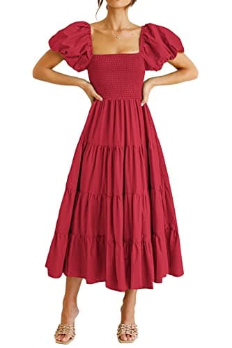PRETTYGARDEN Women's Casual Summer Midi Dress Puffy Short Sleeve Square Neck Smocked Tiered Ruffle Dresses (Red,Large)