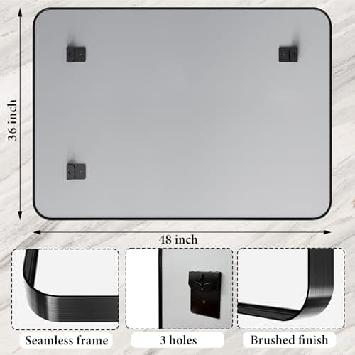 48X36 Inch Black Metal Framed Bathroom Mirror for Wall, Matte Black Vanity Mirror Farmhouse, Large Rounded Rectangle Mirror, Anti-Rust, Tempered Glass, Hangs Horizontally or Vertically - Thumbnail 3