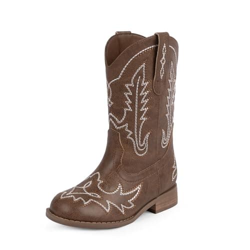 Modatope Brown Toddler Cowgirl Boots Cowboy Boots for Girls Brown Western Boot Flat Heel Pull On Round Toe Classic Embroidery Booties for Girls Horse Riding Party Little Girl Big Kid Big Kid 2 - Image 1