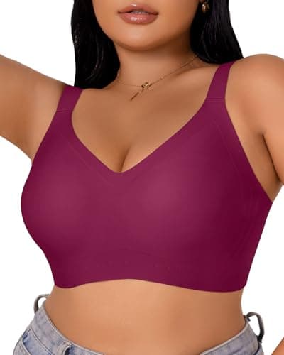 LIIJOO Women’s Plus Size Full Coverage Wireless Bras – Supportive Wide Strap Comfort Bra for Sagging Breasts, No Back Fat Minimizer Bra（Dark Plum Red, 1XL Plus Size） - Image 1