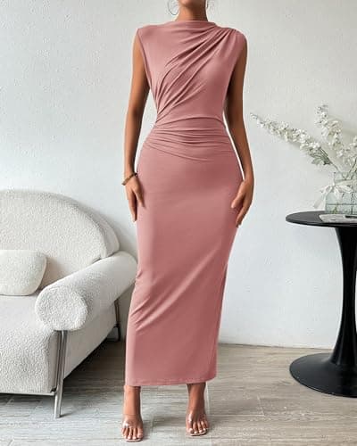 BTFBM Women Ruched Bodycon Maxi Dresses Summer Casual Sleeveless Lightweight Slit Elegant Cocktail Wedding Guest Dress(Pink, Medium) - Thumbnail 2
