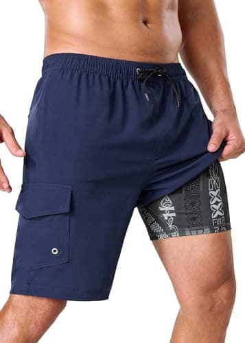 SILKWORLD Men's Swim Trunks with Compression Liner 9 Inch Bathing Suit Beach Swimsuits, Navy Totem, Small - Image 1