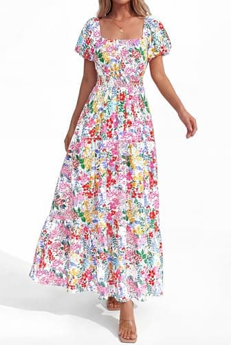 BTFBM Summer Dress for Women 2026 Spring Floral Short Sleeve Casual Flowy A-Line Smocked Tiered Maxi Dresses Pockets(Floral White Multicolor, Small) - Thumbnail 4