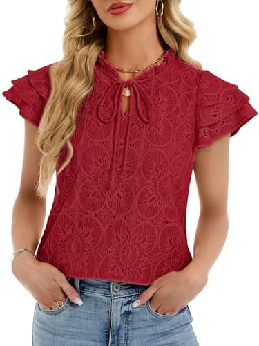 Funlingo Lace Tops for Women Boho Cap Sleeve Hollow Eyelet Shirts Ruffle Collar Crochet Embroidered Blouses Dressy Casual Summer Outfits Red M - Image 1