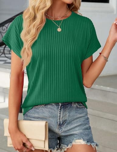JUSTFASHIONNOW Womens Short Sleeve Blouses Business Casual Tops Crew Neck Basic Tees Textured Work Shirts Cute Office Outfits(Green,L) - Thumbnail 3