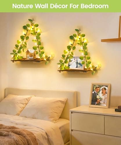 Macrame Hanging Shelf for Wall Decoration with Eucalyptus Lighted Garland,2 Pack Boho Hanging Shelves&Greenery Eucalyptus Garland with Lights for Bedroom Living Room Boho Wall Décor, Wedding Décor - Thumbnail 4