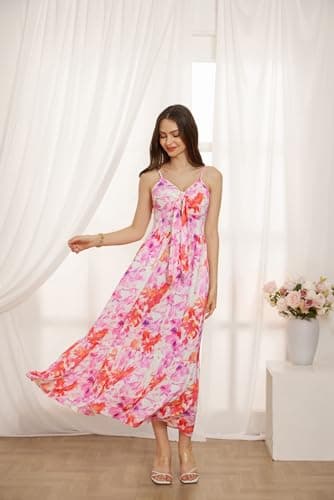 GRACE KARIN Women's Summer Boho Dress Floral Print Spaghetti Strap Tie Front V Neck Long Maxi Dress Beach Sundress - Thumbnail 6