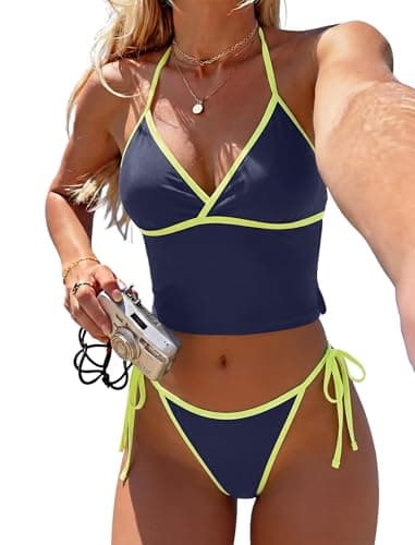 Jillumi Halter Tankini Swimsuits for Women Cute V Neck Halter Cute Bathing Suit Tie Side Thong Two Piece Swimsuit Navy L - Image 1