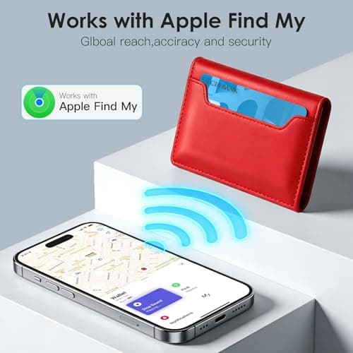 for Magsafe Wallet with Find My,6 Cards Holder,RFID Blocking,Strongest Magnetic Wallet for iPhone 17/16/15/14/13/12 Series,Not for 13/12 Mini,Leather magnetic card holder with Finder Tracker,Red - Thumbnail 2