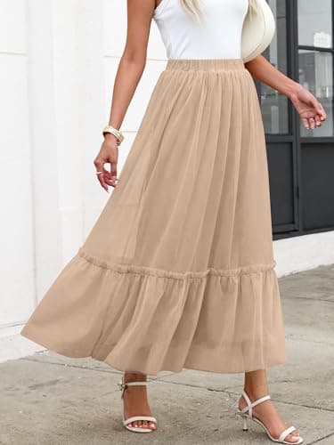 ANRABESS Maxi Skirts for Women Tulle Long Tiered Elastic High Waisted A Line Flowy Dressy Casual Skirt 2026 Fall Trendy Light Tan Medium - Thumbnail 3