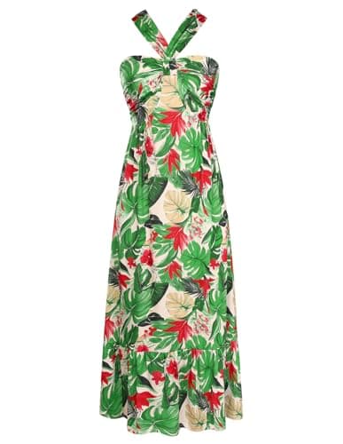 GRACE KARIN Womens Summer Floral Dresses 2026 Boho Maxi Dress Flowy Halter Sundress Casual Vacation Beach Clothes with Pocket Blue Floral L - Image 1