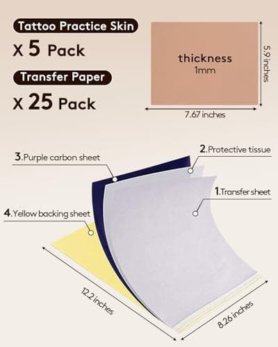 Lady Up 25 Pack Tattoo Skin Practice Kit with Transfer Paper, Fake Skin for Tattoo Practice Kit, 5pcs 7.6x6in Skins and 20pcs Transfer Paper for Beginners or Artists - Thumbnail 2