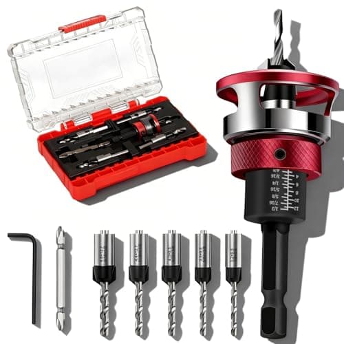 Naerza 7-Piece Countersink Drill Bit Set with Aluminum Alloy Stop Collar, Screwdriver Bit & HSS M2 Tapered Bits, 1/4" Hex Shank Drilling Kit for Woodworking