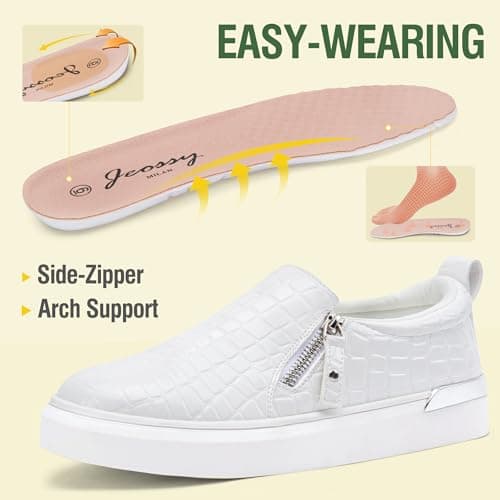 Jeossy Women's Slip On Shoes Casual Fashion Sneakers White 8010 Arch Support Loafers for Women with Zipper 11 (DJY8010 whitecroco 11) - Thumbnail 5