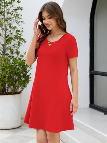 KORSIS Women's Midi Dresses Summer Casual T-Shirt Short Sleeve Criss Cross V Neck Swing Soft Loose Beach Party Vacation midi Soild Dress with Pockets (S-2XL) Red - Thumbnail 5