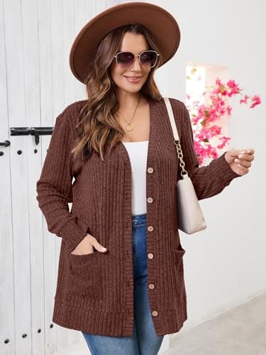 AusLook Plus Size Women Long Sleeve Cardigan Dark Coffe 3X Open Front Button Down Lightweight Casual Sweater Cover Ups Shrugs Shawls and Wraps Kimono Jacket Coat with Pockets - Thumbnail 5