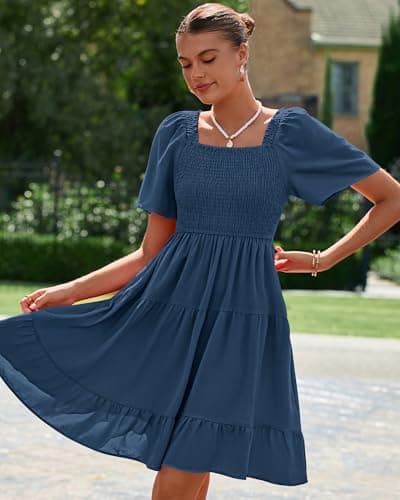 BTFBM Womens Summer Smocked Mini Dress Spring Square Neck Flutter Sleeve Casual Ruffle Swing Boho Beach Dresses Pockets(Dark Blue, XX-Large) - Thumbnail 5