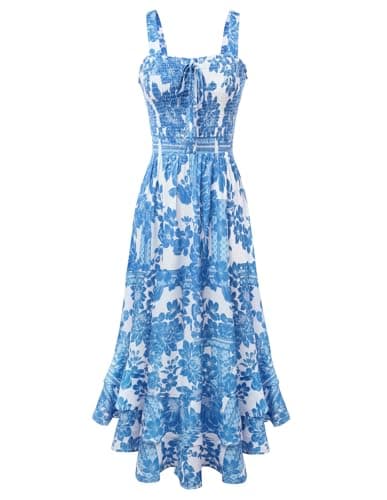 GRACE KARIN Women's 2026 Summer Floral Boho Dress Square Neck Strapped Swing A Line Sundress Beach Long Maxi Outfits White Blue S - Image 1
