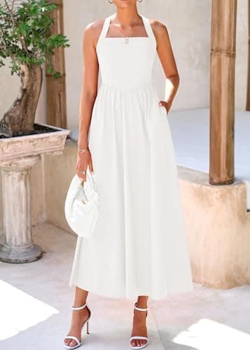 KIRUNDO Summer Dresses for Women 2026 Halter Maxi Wedding Guest Party Cocktail Semi Formal Elegant Classy Long Sundress(Beige White, X-Large) - Thumbnail 3