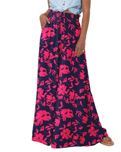 BTFBM Women Casual High Waist Wide Leg Pants 2026 Spring Summer Long Palazzo Pants Pocket Lounge Beach Vacation Clothes(Print Navy Rose Red, X-Large) - Image 1