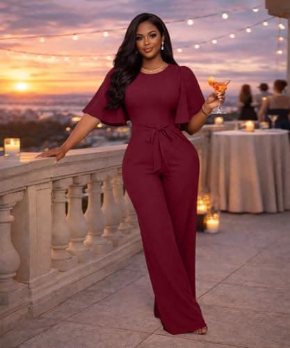 ABKY Jumpsuits For Women Dressy Batwing Sleeve Belted Wide Leg Romper Formal Wedding Evening Party Jumpsuit One Piece Outfits Burgundy M - Thumbnail 2