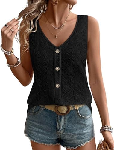 WIHOLL Tank Tops for Women Summer Tops Beach Vacation Outfits Clothes 2026 Cruise Resort Wear Basic Cute Fashion Blouses Dressy Casual Black L - Image 1
