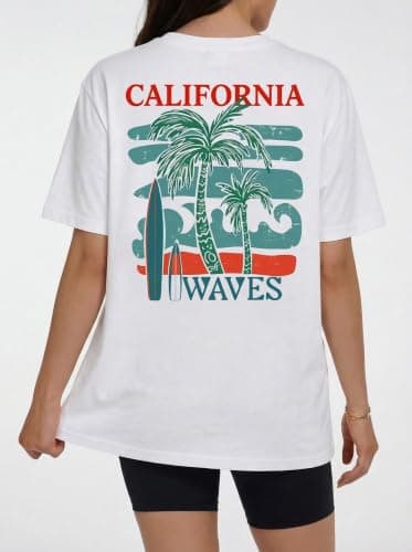 Aiyino Womens Oversized Graphic Tee 100% Cotton California Surfboard Palm Beach Shirt Loose Fit Summer Top Teal Waves L - Thumbnail 3
