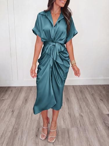 BTFBM Shirt Dresses for Women Spring Button Short Sleeve Silk Satin Ruched Maxi Summer Dress 2026 Cocktail Party Wedding(Blue Green, Small) - Thumbnail 3