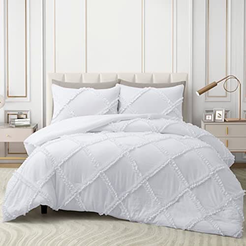 Bonlino Queen Comforter Set Soft Bedding - 3 Pcs Tufted Decor Fluffy Comforter Boho Bed in a Bag with Cute Lightweight Pillowcase for Dorm Farmhouse Bedroom Luxury Gift(White) - Image 1