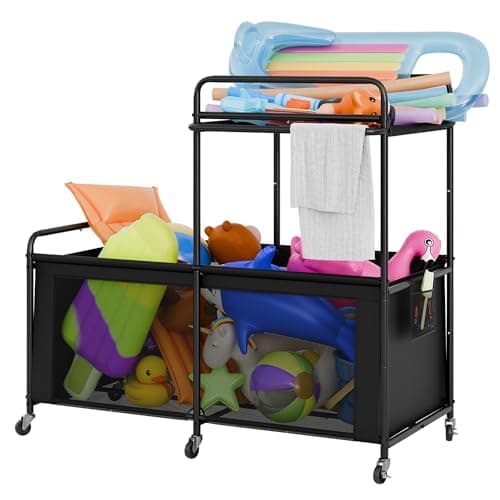 StorageWorks Pool Float Storage, 340 Gallon Rolling Pool Storage Bin, Two-Tier Mesh Swimming Pool Toy Storage, Pool Noodles Holder for Toys, Floats, Balls and Floats Equipment, Black