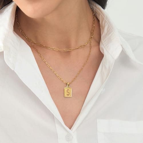 LETFLY Initial Gold Necklaces for Women, 18K Gold Plated Letter Layering Necklace Square Shaped Pendant with Adjustable Paperclip Chain for Womens Jewelry Gifts Alphabets S - Thumbnail 2