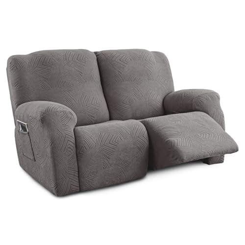 Cushonix Recliner Loveseat Covers,4-Piece Stretch Geometric Strokes Jacquard Reclining Chair Slipcovers,Furniture Protector with Side Pocket,Soft Breathable Couch Cover,2 Seat Medium Gray