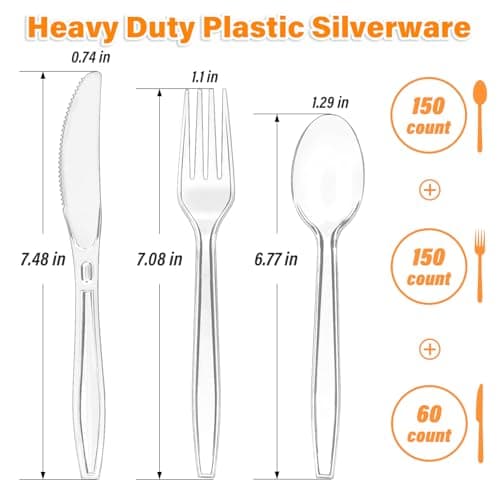 SIUQ 360 Count Heavy Duty Clear Plastic Silverware, 150 Forks, 150 Spoons, 60 Knives, Disposable Plastic Utensils Set, Plastic Cutlery Set, Plasticware Bulk for Parties, Catering, Picnic - Thumbnail 3