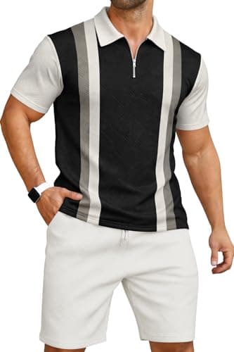 KUYIGO Men's Polo Shirt and Shorts Set Vacation Outfits Fashion Casual Short Sleeve Suit for Men 2 Piece Tracksuit Black White Medium - Image 1