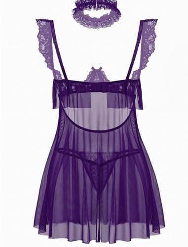 Avidlove Sexy Lingerie Dress for Women V Neck Push Up Lingerie Set Sheer Lace Negligee Chemise Purple M - Thumbnail 3