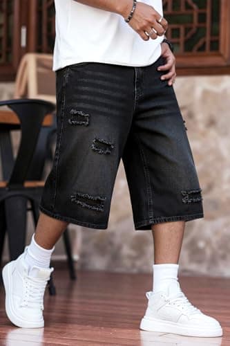 Heyfanee Mens Baggy Jorts Ripped Y2k Jean Shorts for Men Big and Tall Loose Fit Denim Shorts Men Streetwear Black 30 - Thumbnail 2
