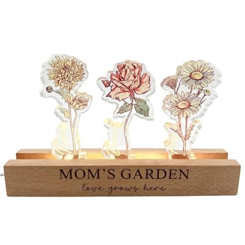 CraffBase Personalized Mom's Garden Night Light Custom Birth Month Flower Acrylic LED Lamp with Engraved Names Mother's Day Birthday Gift for Mom Grandma Sentimental Family Keepsake with Wooden Base - Image 1