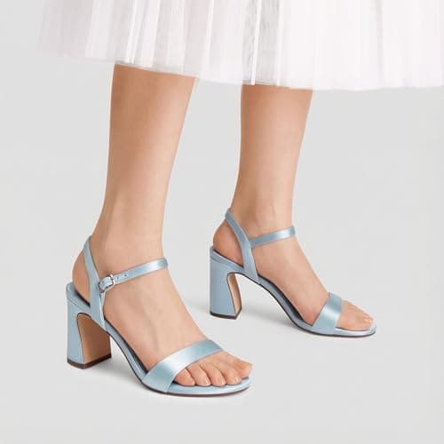 XMWEALTHY Women's Blue High Heels Chunky Block Heeled Sandals Open Toe Ankle Strap Summer Dress 3-Inch Wedding Heels for Graduation Prom Size 10 - Thumbnail 2