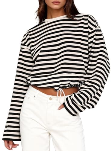 MONCCIZA Womens Long Sleeve Sweatshirt Oversized Striped Crewneck Pullover Going Out Crop Tops Casual Outfits Black - Image 1
