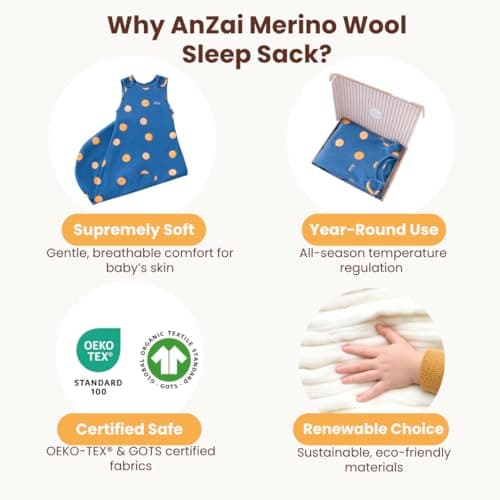 AnZai Merino Wool & Organic Cotton Baby Sleep Sack 2-24 Months – Universal Size Wearable Blanket with 2-Way Zipper & Adjustable Snaps, Year-Round Sleeping Bag - Thumbnail 3