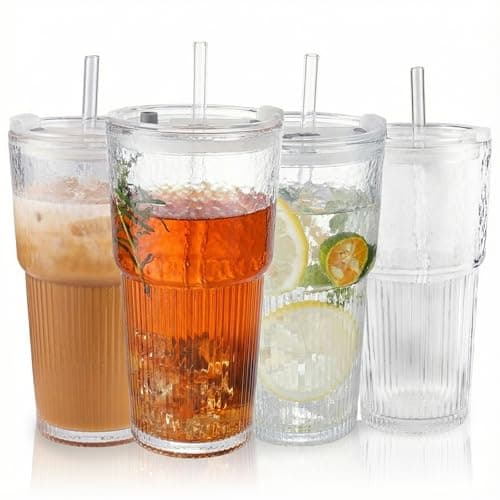 Colnic 4PCS 20oz Glass Cups with Lids and Straws, Iced Coffee Cups with Lids, Stylish Ribbed Thick Drinking Glasses Tumbler for Juice, Smoothies, Cold Beverages, Cute Cup Gifts with Clean Brush - Image 1