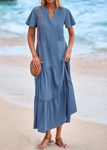 KIRUNDO Summer Maxi Dresses for Women 2026 Spring Fashion Short Sleeve Button V Neck Pleated Loose Tiered Swing Flowy Dress(Blue, Large) - Thumbnail 6