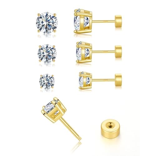 IEFWELL Moissanite Earrings for Women Men, Moissanite Flat Back Earrings for Women Cartilage Piercing Jewelry Stud Earring 3 Pairs Stud Earring Set Cartilage Earring D-E Color VVS1 - Image 1
